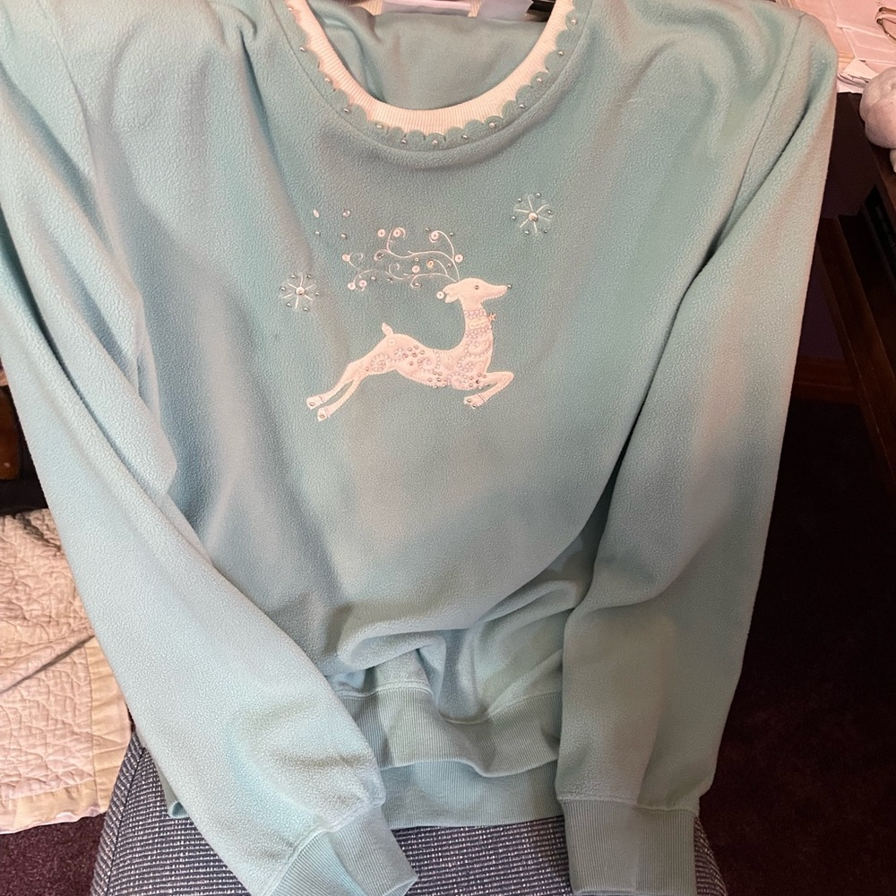 Beautiful Alfred Dunner  Mint green 
 Reindeer Embroidered Sweatshirt Size Large - Picture 3 of 4